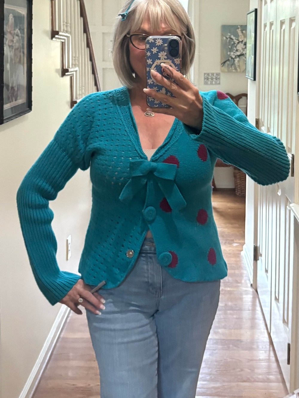Marc Jacob’s Turquoise Knit Cardigan Sweater with Burgundy Dot Accents
